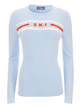 Meister Ski Sweater Women Light Blue Retro Alpine Apres Ski Patch Intarsia